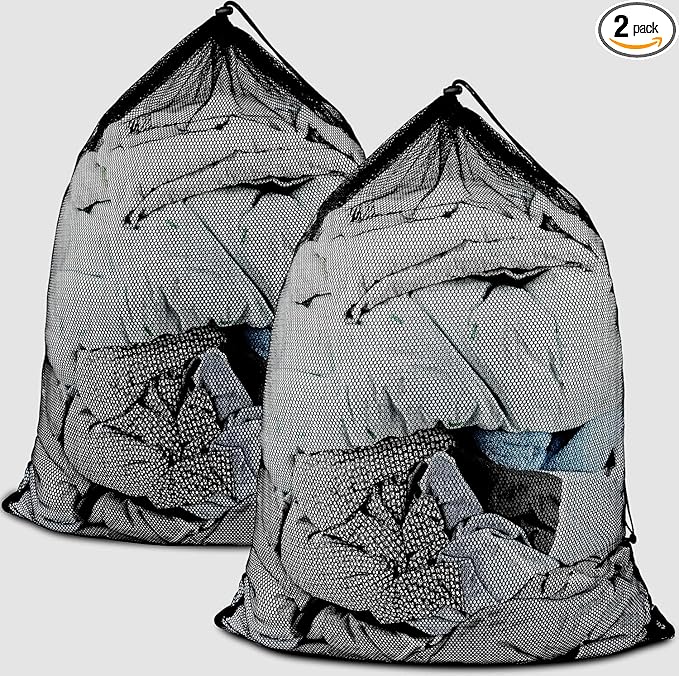 2 Pack Large Mesh Laundry Bags, 24" x 36" Heavy Duty Strong Drawstring Dirty Clothes Bags with Soft Breathable Net, Machine Washable Laundry Bag for College, Dorm, Camp, Travel and Family Use(Black)