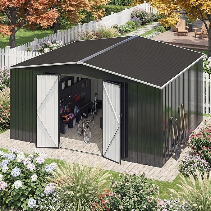 12x14 FT Storage Shed, Garden Shed with Lockable Doors and Updated Frame Structure, Metal Tool Sheds for Backyard Garden Patio Lawn, Black