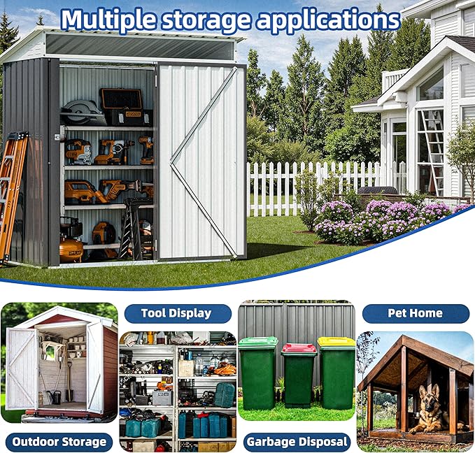 JY QAQA 6x4 FT Metal Outdoor Garden Storage Shed, Waterproof Metal Garden Sheds with Window and Lockable Double Door, Weather Resistant Steel Tool Storage House Shed for Patio, Lawn Dark Gray