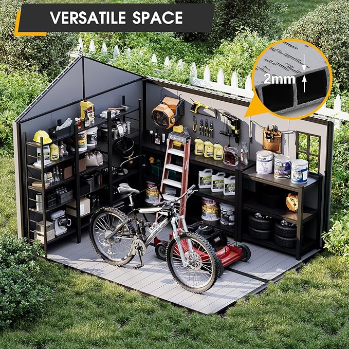 MELLCOM 8 x 10 FT Resin Garden Storage Shed with Floor and Lockable Door, Outdoor Storage Shed with Windows, Resin Tool Shed for Pool Supply, Lawnmower,Bike