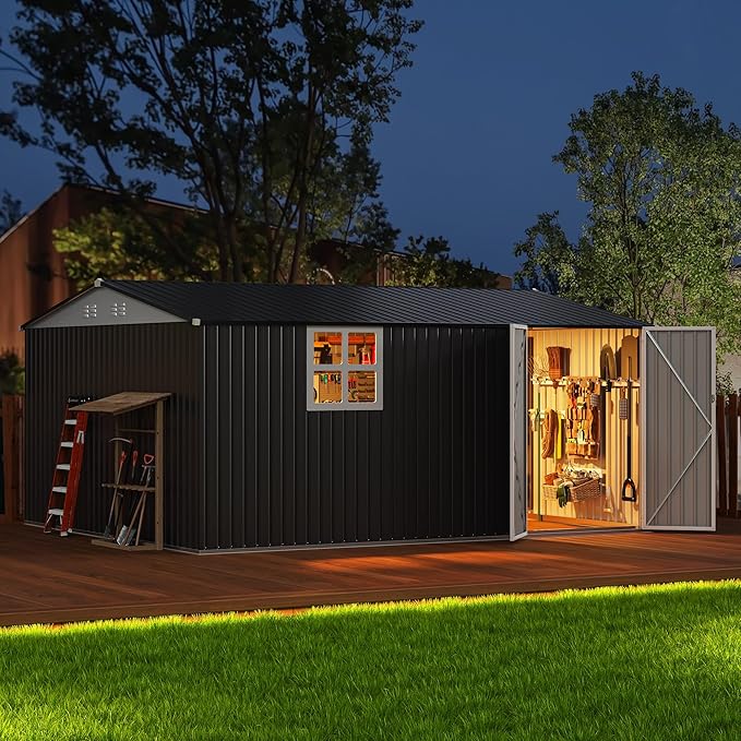 14x12 FT Outdoor Metal Storage Shed with Window, Heavy-Duty Galvanized Steel Tool Shed with Lockable Doors, Waterproof Garden Shed for Backyard, Patio, Lawn, Black