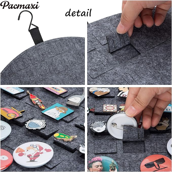 PACMAXI Hanging Brooch Display Holder, Wall Collection Storage Organizer, Cute Pin Banner Case Hold Up to 76 Pins (Grey)