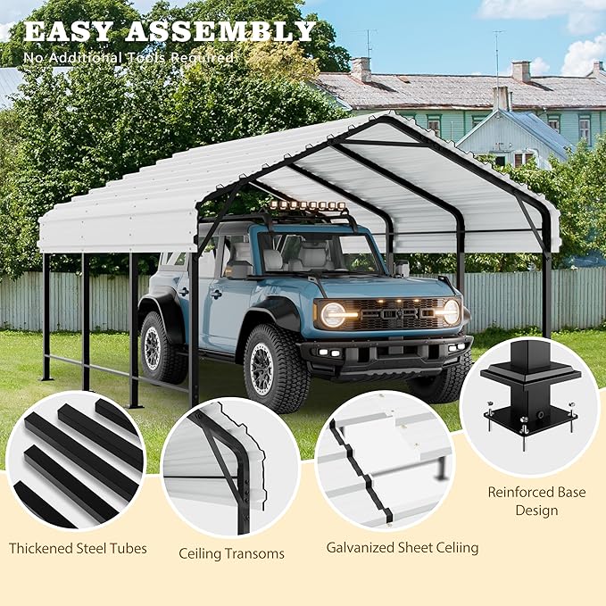 Walsunny Metal Carport 12x15 FT Heavy Duty Carport Canopy with Enhanced Base, Outdoor Car Shelter with Galvanized Steel Roof and Frame Garage for Truck, SUV, Boat, White