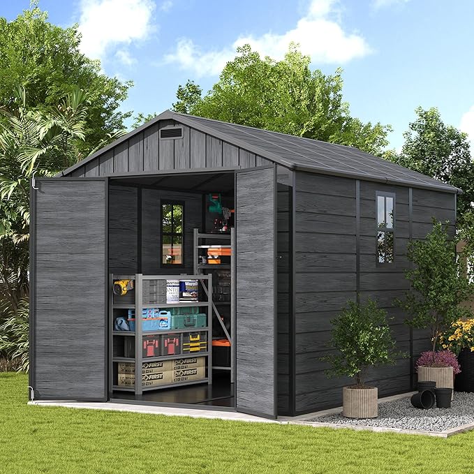 UDPATIO Outdoor Resin Storage Shed 8 x 10 FT, Plastic Storage Shed with Floor Large Outdoors Garden Tool Storage Shed Outside Clearance Shed with Lockable Door for Bike, Backyard, Patio, Dark Grey