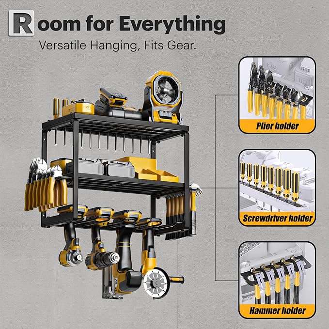 Heavy Duty Power Tool Organizer Wall Mount, 3-Layer Metal Rack with 4 Drill Holders, Garage Storage for Cordless Tools, Ultimate Christmas Gifts for Men, Husband, Dad, DIYers