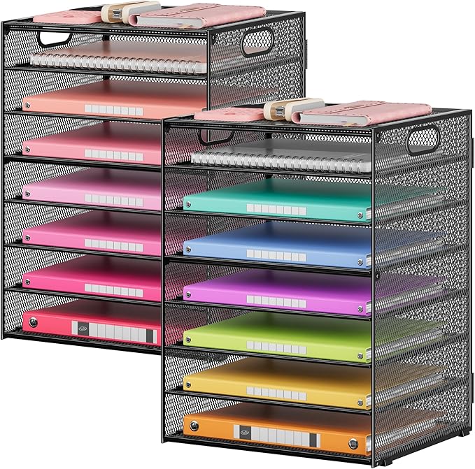 Lavatino 2 Pack 8-Tier Office Desk File Organizer, Letter Tray Paper Organizer with Handle, Including 5 Adjustable Slide Trays for Organizing Desktop Workspace Accessories and Supplies (Black Mesh)