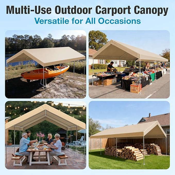 10x20 FT Carport Replacement Canopy Top Upgraded Car Port Canopy Cover for Carport Party Tent Waterproof & UV Protected, Easy Installation with Ball Bungees, Beige (Top Cover Only, Frame Not Included)