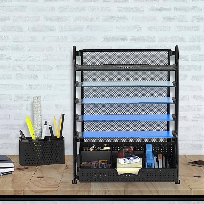 Simple Houseware 6-Tier Desk Document File Tray Organizer with Supplies Sliding Drawer, Black