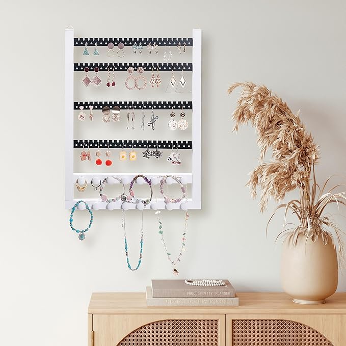 Solid Wood Earring Hanging Jewelry Organizer Wall Mounted Earring Organizer and Necklace Holder- Earring Display for studs, dangling, Necklace, Bracelet, and Rings-White Color