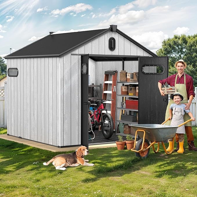 DWVO 8x8 FT Outdoor Storage Shed, Large Extra Thick Plastic Storage Shed with Oval Vision Windows & Lockable Door, 16mm Heavy Duty Outside Garden Shed with Floor & Vents for Patio Tool, Black&Gray