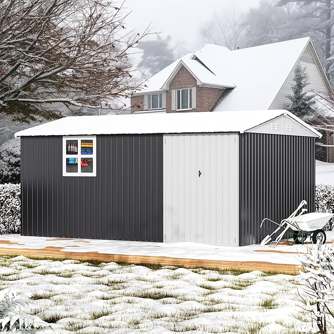 14x10 FT Outdoor Metal Storage Shed with Window, Heavy-Duty Galvanized Steel Tool Shed with Lockable Doors, Waterproof Garden Shed for Backyard, Patio, Lawn, Black