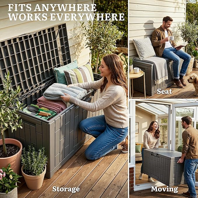 YITAHOME 60 Gallon Outdoor Storage Box, Lockable Resin Deck Box with Handles, Waterproof Outdoor Storage Box for Patio Furniture, Garden Tools and Pool Accessories, Light Brown