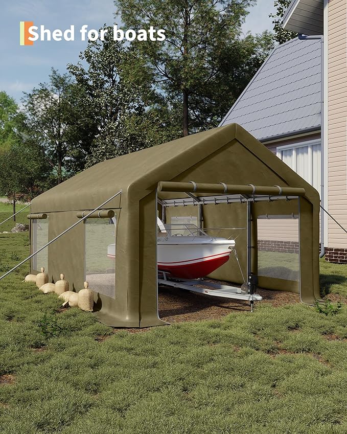 GarveeLife 12x20 ft Portable Garage, Car Port with 200 g PE Tarp Cover, with Front & Rear Roll-Up Doors and 4 Windows, for Temporary Paint Booth, Boats&Pickups Shed, and Event Shelter, Khaki