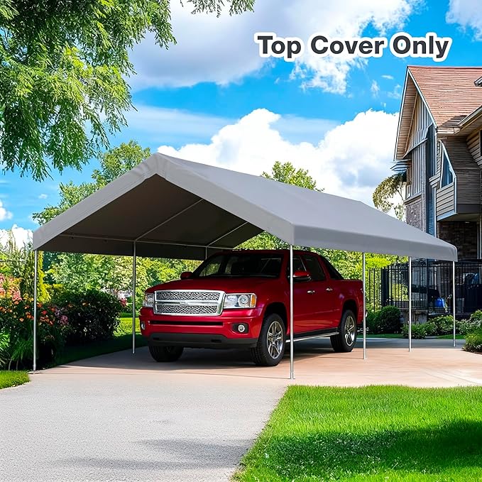 12x20 FT Carport Replacement Canopy Top Upgraded Car Port Canopy Cover for Carport Party Tent Waterproof & UV Protected, Easy Installation with Ball Bungees, Grey (Top Cover Only, Frame Not Included)