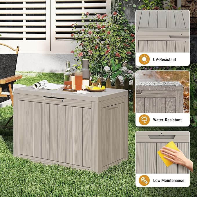 Mars Villa 45 Gallon Outdoor Storage Box, Resin Deck Box Waterproof, Storage Chest for Outside Patio Furniture Cushions, Pool Supplies, Garden Tools, UV Resistant and Weatherproof, Greige