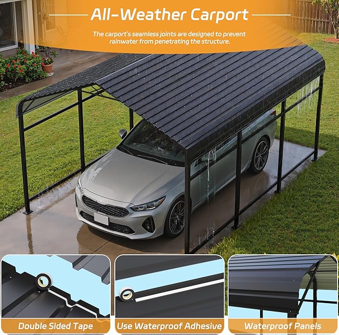 Patiowell 10'x15' Metal Carport, Heavy Duty Carport Canopy with Reinforced Frame and Galvanized Steel Roof, All-Weather Outdoor Car Shelter for Car, Truck, Boat and Tractor, Black
