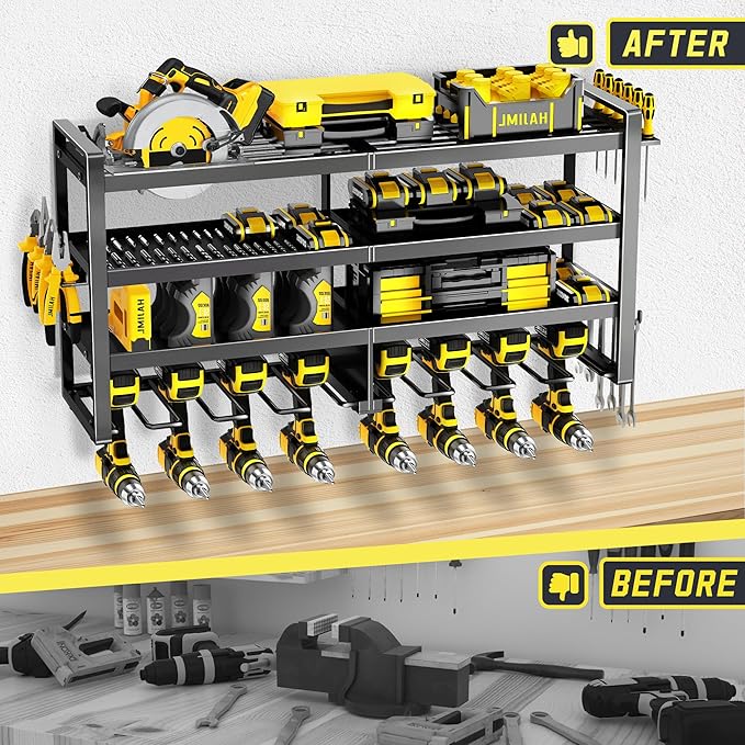 Power Tool Organizer Wall Mount,4 Layers Heavy Duty Storage Rack with 8 Drill Holder, Easy Installation, Tool Organizer Wall Mount for Garage Workshop and Home Organization.