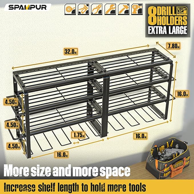 Power Tool Organizer Wall Mount, Heavy Duty 420LB with 8-Slot Drill Holder - All-in-One Garage Storage for Workshop, Christmas Gift for Men, Dad, DIYers, 15 Min Quick Assembly
