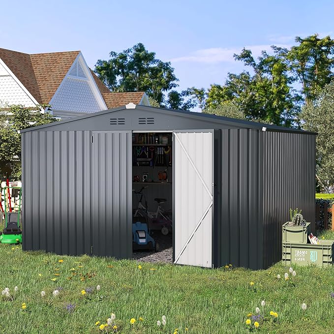 AECOJOY 10' x 12' Shed, Outdoor Storage Shed, Dark Grey Large 12x10 Sheds & Outdoor Storage Clearance with Lockable Doors, Utility and Tool Storage Garden Shed Backyard, Patio and Outside
