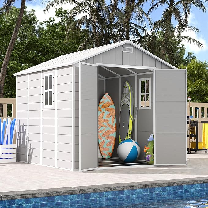 UDPATIO Resin Storage Shed 8 x 8 FT, Outdoor Garden Sheds with Floor Plastic Patio Outdoor Storage Shed with Lockable Door, Sandstone