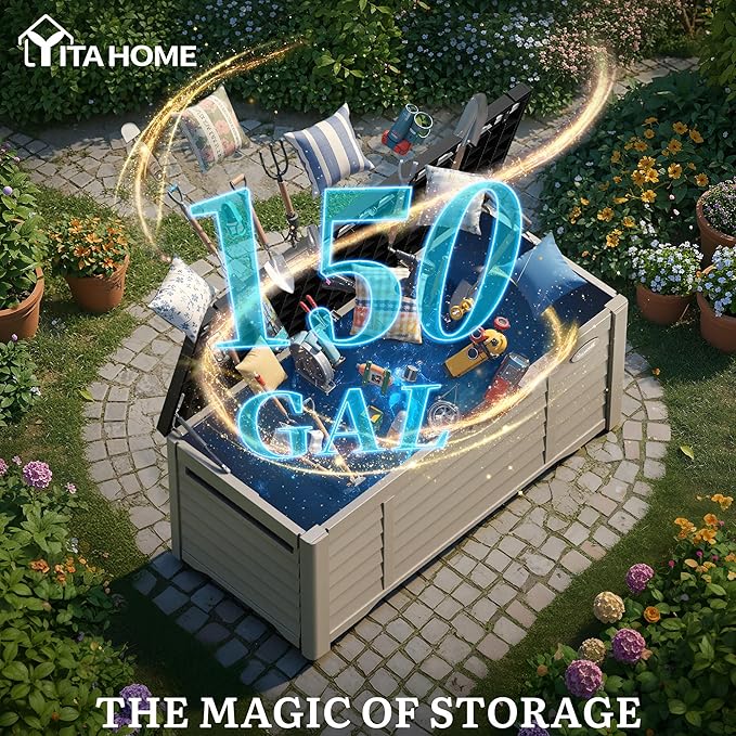YITAHOME 150 Gallon Large Outdoor Storage Deck Box, Waterproof Cushion Storage Bench with Lockable Lid for Patio, Pool Supplies, Garden Tools, Resin, Black & Brown