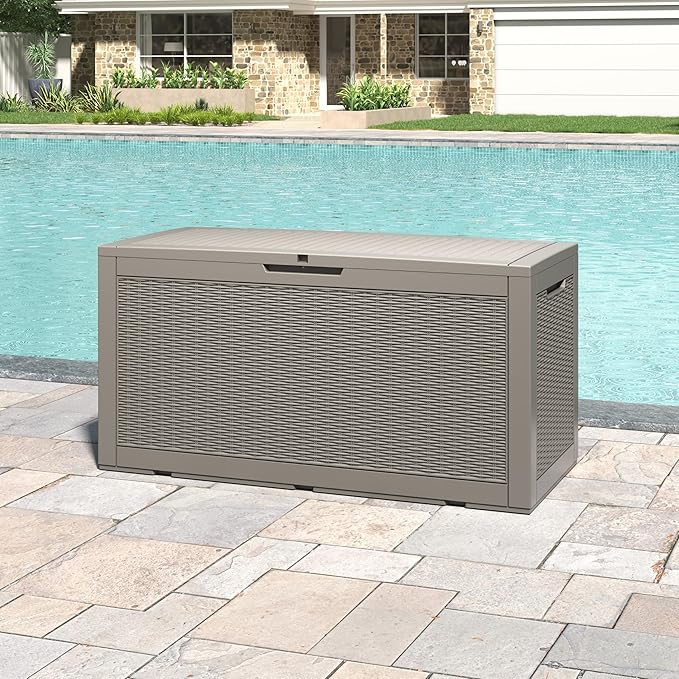 Oudoor Storage Box, 100 Gallon Resin Waterproof Deck Box Outside, Lockable Lid for Delivery Box, Patio, Indoor, Garden Tools, Pool Supplies - Grey