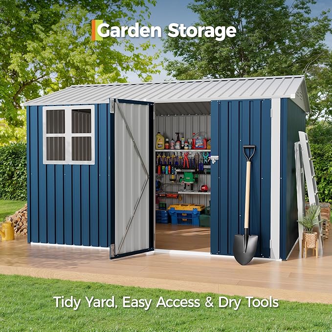 8x10 FT Outdoor Storage Shed,450CU.T Metal Tool Shed with Clear Window, Lockable Doors,Large Garden Storage Box with Sloping Roof，Sheds&Outdoor Storage for Backyard Garden Patio Lawn