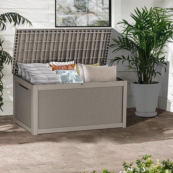 Outdoor Storage Box, 320 Gallon Lockable Resin Deck Box Large Waterproof, Patio Storage Bin for Furniture Cushion, Garden Tools and Pool Accessories, UV-Resistant Bench Cabinet for Outside, Gray