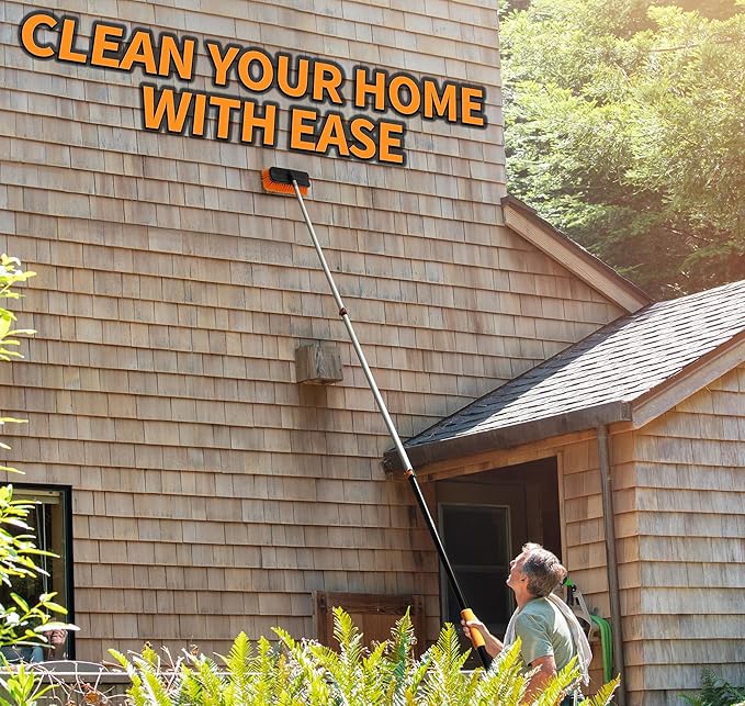 20 Foot Exterior House Cleaning Brush Set with 4-12 ft Extension Pole // Vinyl Siding Brushes with Telescopic Extendable Pole & Window Cleaning Squeegee Tool // The Ultimate Extension Scrub Brush Set