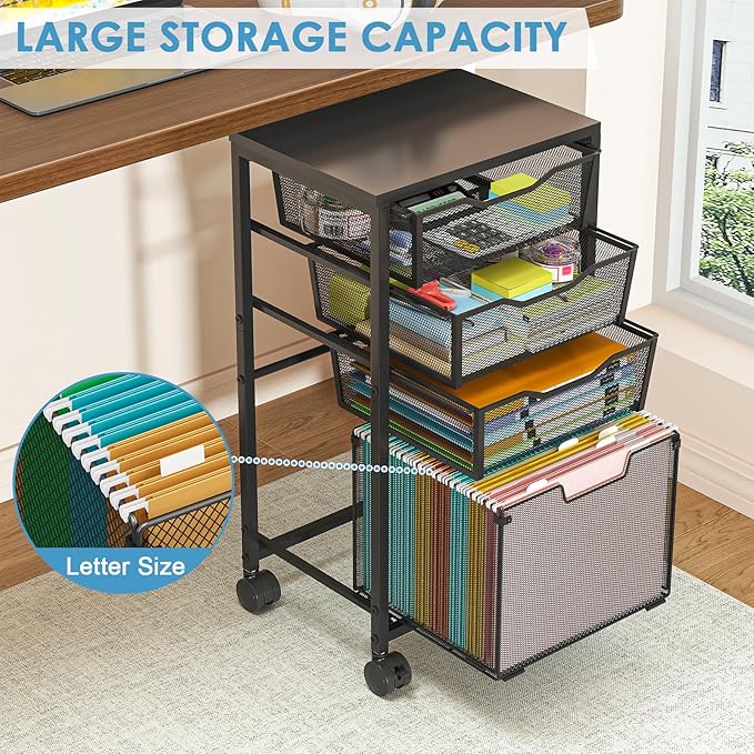 4 Drawers Rolling File Cart, Under Desk Mobile Filing Cabinet with Wheels, File Cabinets for Home Office, Hanging File Folder Organizer Utility Craft Cart Printer Stand, Black