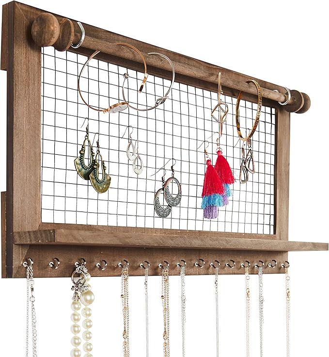 Rustic Jewelry Organizer with Bracelet Rod Wall Mounted - Wooden Wall Mount Holder for Earrings, Necklaces, Bracelets, and Many Other Accessories