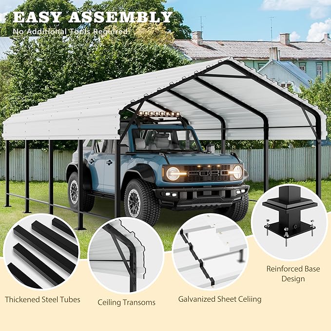 Walsunny Metal Carport 12x20 FT Heavy Duty Carport Canopy with Enhanced Base, Outdoor Car Shelter with Galvanized Steel Roof and Frame Garage for Truck, SUV, Boat, White