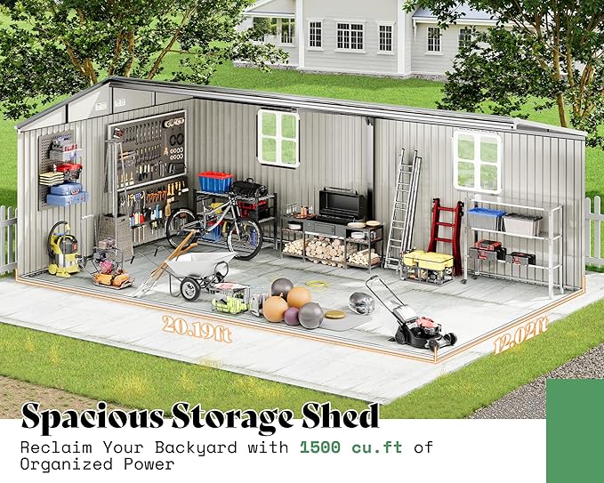 VanAcc 12x20x7.2 FT Outdoor Storage Shed with 2 Transparent Panels, Metal Garden Shed with Hinged Double Doors, Windows & Vents, Reinforced Steel Frame for Backyard Garden, DIY Workshop, Dark Gray