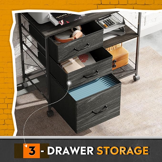 DEVAISE 3 Drawer File Cabinet, Mobile Filing Cabinet Rolling Printer Stand with Open Storage Shelf, Fabric Lateral Filing Cabinet fits A4 or Letter Size for Home Office, Charcoal Black Wood Grain