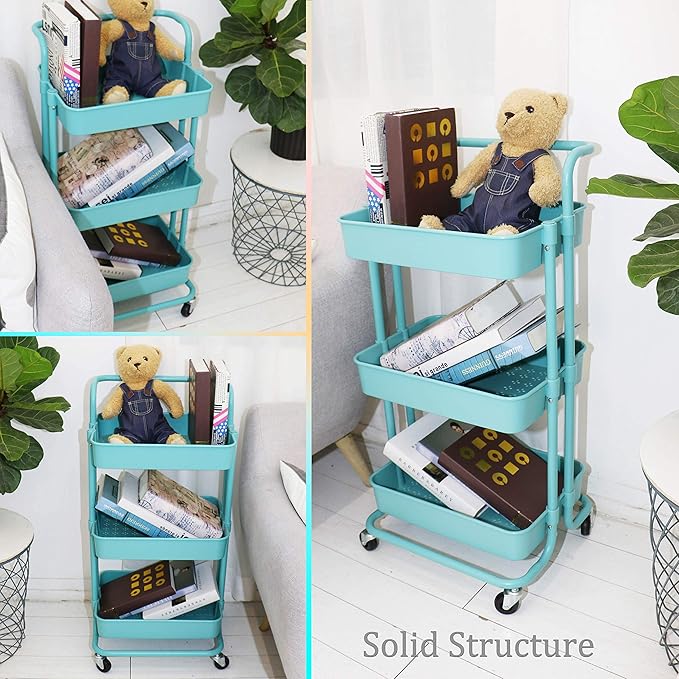 3 Tier Utility Rolling Cart Multifunction Organizer Shelf Storage Cart with 3 Piece Cups and 8 Piece Hooks for Home Kitchen Bathroom Laundry Room Office Store etc. (Blue)