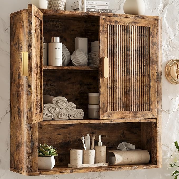 Bathroom Wall Cabinet, Wall-Mounted Medicine Cabinet with Adjustable Wood Shelf & Doors, Floating Bathroom Cabinet Over Toilet for Laundry Room & Kitchen & Living Room (Retro)