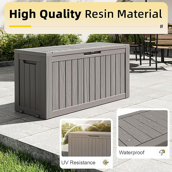 82 Gallon Outdoor Storage Box, Resin Deck Boxes Outdoor Waterproof For Patio Furniture, Garden Tools, Pool Supplies, Lockable And UV Resistant (Striped Gray)
