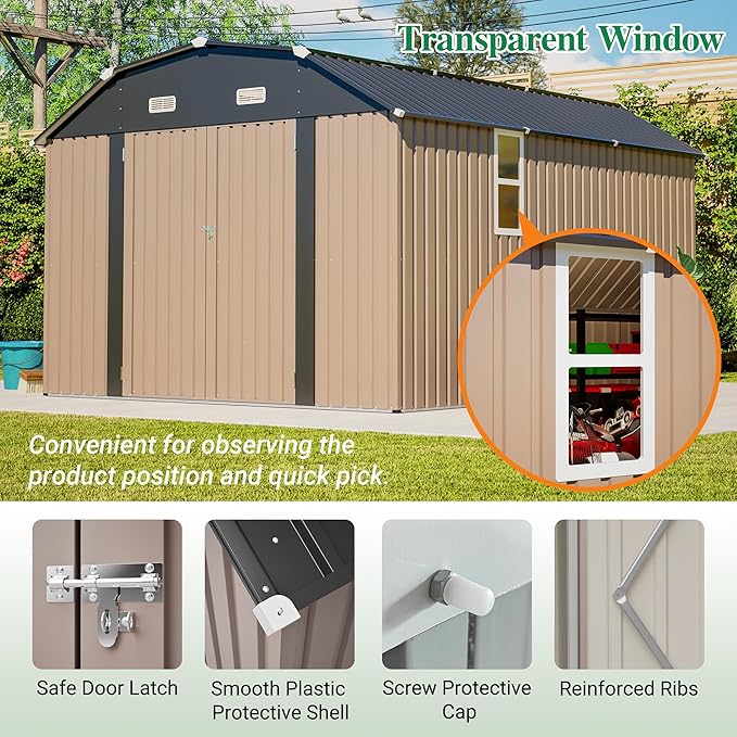 10×12 FT Outdoor Storage Shed,Heavy-Duty Metal Shed with Floor Base,All Weather Waterproof Tool Shed W/Diamond Roof & Windows,Lockable Double Door & 4 Air Vents,for Backyard,Patio,Lawn,Brown