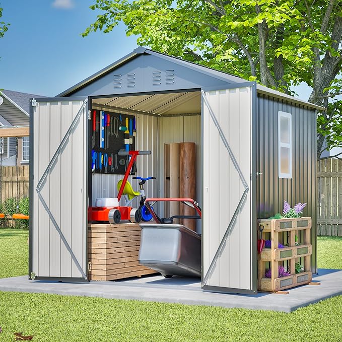 6x6 FT Outdoor Storage Shed with Lockable Doors & Sloping Roof & Clear Window, Galvanized Steel Metal Garden Tool Shed for Backyard, Patio, Poolside