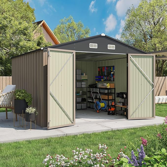 Patiowell 10x10 FT Storage Shed, Outdoor Metal Sheds with Lockable Door and Sloping Roof, Waterproof Outside Large Garden Tool Shed with Breathable Vents for Patio Lawn Backyard, Brown