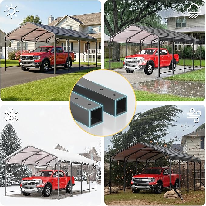 12' x 20' Metal Carport, Heavy Duty Canopy with Updated Roof & Enhanced Base, Multi-Use Carport Garage for Car, Truck, Boat, Tractors, Party, Grey