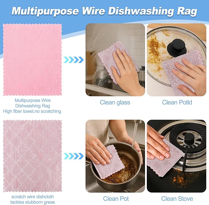 Non-Scratch Steel Wool Dishcloth - 5PC Set, Multi-Use Kitchen Scrubbers, Durable Cleaning Pads for Wet & Dry Use Grey (12pcs)