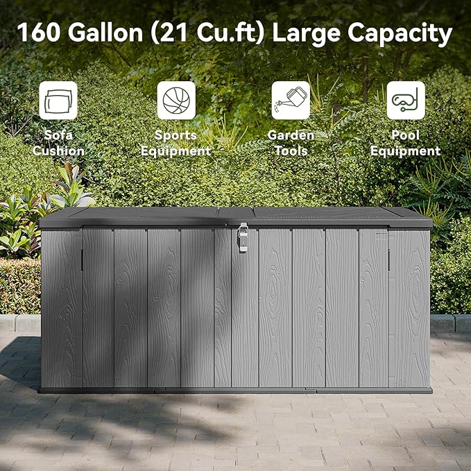 Aoxun Horizontal Storage Sheds 21 Cu.ft, HDPE Outdoor Storage Box 160 Gallon, Waterproof Lockable Resin Deck Box with Spring-Assisted Lid, Patio Storage for Garden, Pool, Cushions, Tools, Gray
