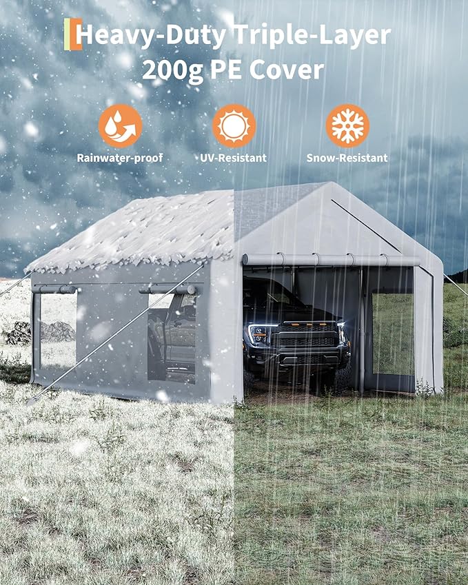 GarveeLife 12x20 ft Portable Garage, Car Port with 200 g PE Tarp Cover, with Front & Rear Roll-Up Doors and 4 Windows, for Temporary Paint Booth, Boats&Pickups Shed, and Event Shelter, White
