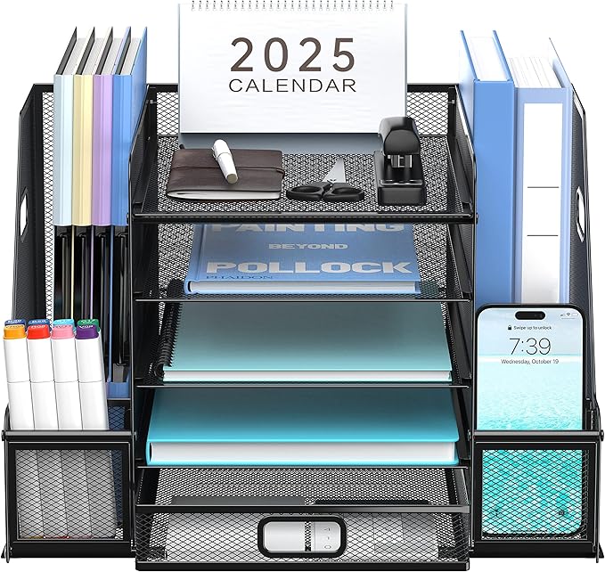 SUPEASY Mesh Desk Organizer with File Holder, 5-Tier Paper Letter Tray Organizer with Magazine Holder, Desktop Organizer and Storage with Drawer for Office Supplies Home or School (Black)