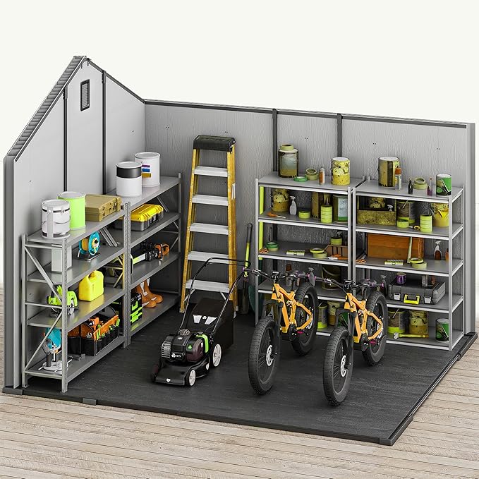DWVO 8x10 FT Outdoor Storage Shed with Vision Grid Door Panel, 544 cuft Plastic Storage Shed with Floor & Vent, 16mm Heavy Duty Tool Garden Shed for Patio Supplies, Lawn Mower, Bikes, Dark Gray