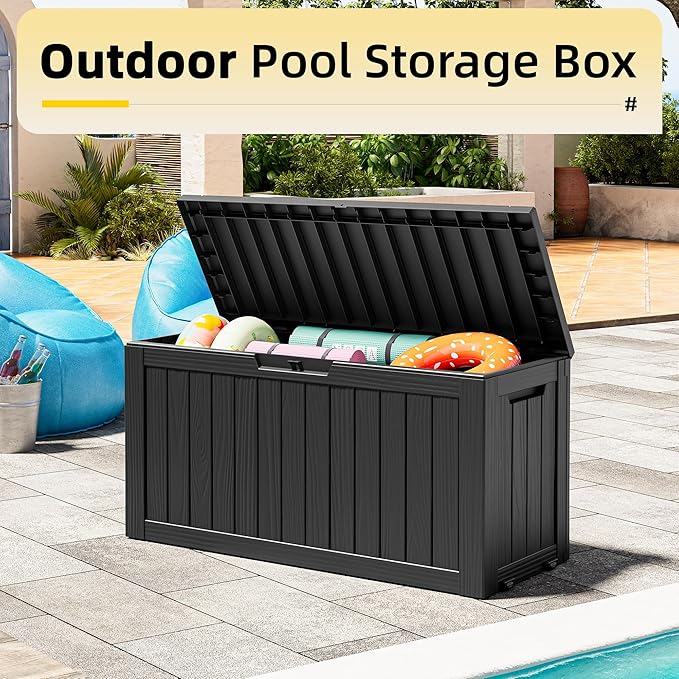 82 Gallon Outdoor Storage Box, Resin Deck Boxes Outdoor Waterproof For Patio Furniture, Garden Tools, Pool Supplies, Lockable And UV Resistant (Striped Black)