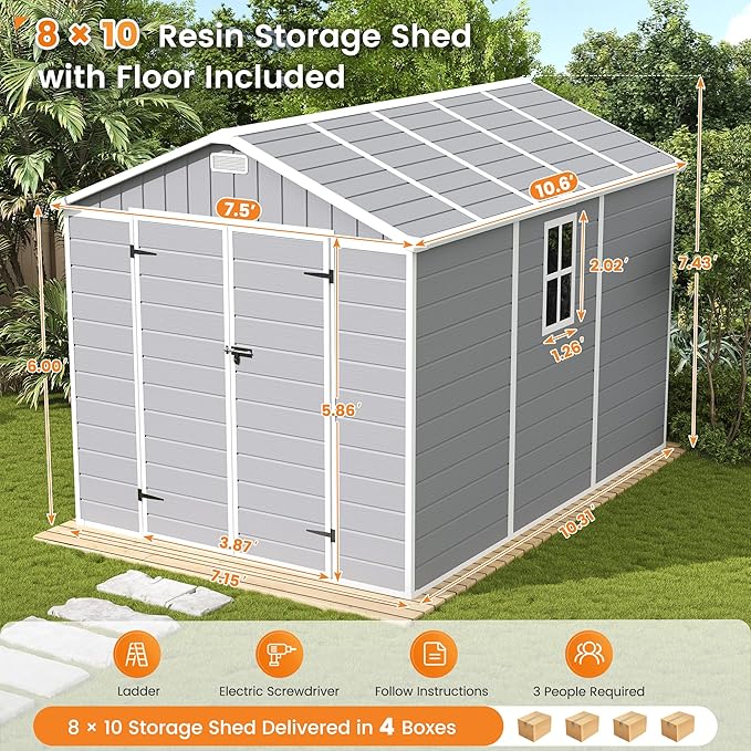 UDPATIO Storage Shed 8 x 10 FT, Resin Sheds & Outdoor Storage with Floor Large Clearance Outdoors Plastic Garden Tool Shed Tuff Outside Cottage Shed with Lockable Door for Bike, Garbage Gray White