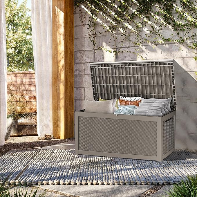 320 Gallon Lockable Resin Outdoor Storage Box, Waterproof & Weather Resistant Deck Box for Patio Cushion, Garden Tools & Pool Accessories, Grey