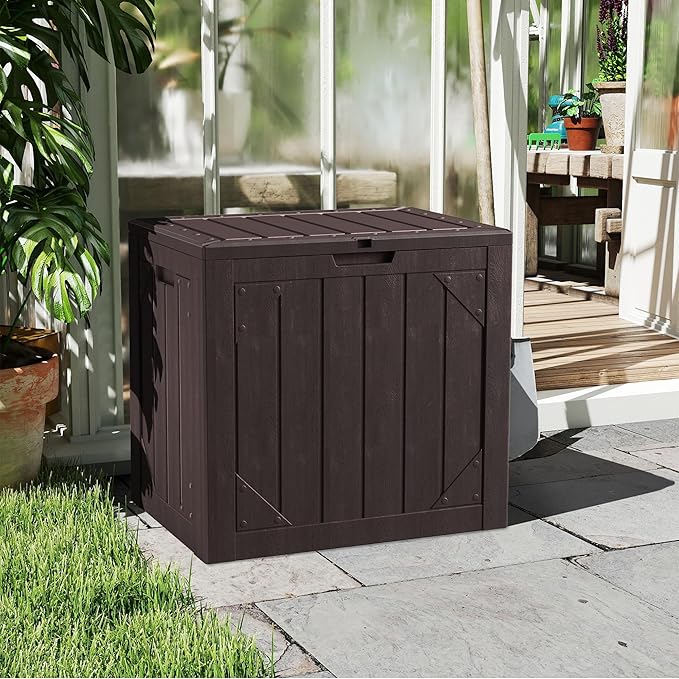 Outdoor Storage Deck Box Waterproof,30 Gallon Lockable Patio Package Delivery Bin as Seat, Resin Storage Container Bench for Furniture Cushions, Pool Accessories, Garden Tools, Brown